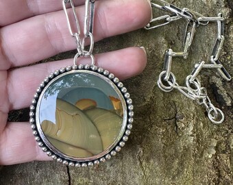 Handmade Scenic Natural Blue Mountain Jasper Sterling Silver Soldered Chain Necklace