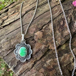 18” Handmade Natural Green Carico Lake Turquoise Sterling Silver Stamped Pendant Necklace