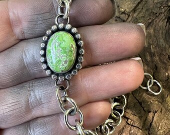7-8.5” Handmade Sterling Silver and Natural Green Carico Lake Turquoise Soldered Chain Bracelet