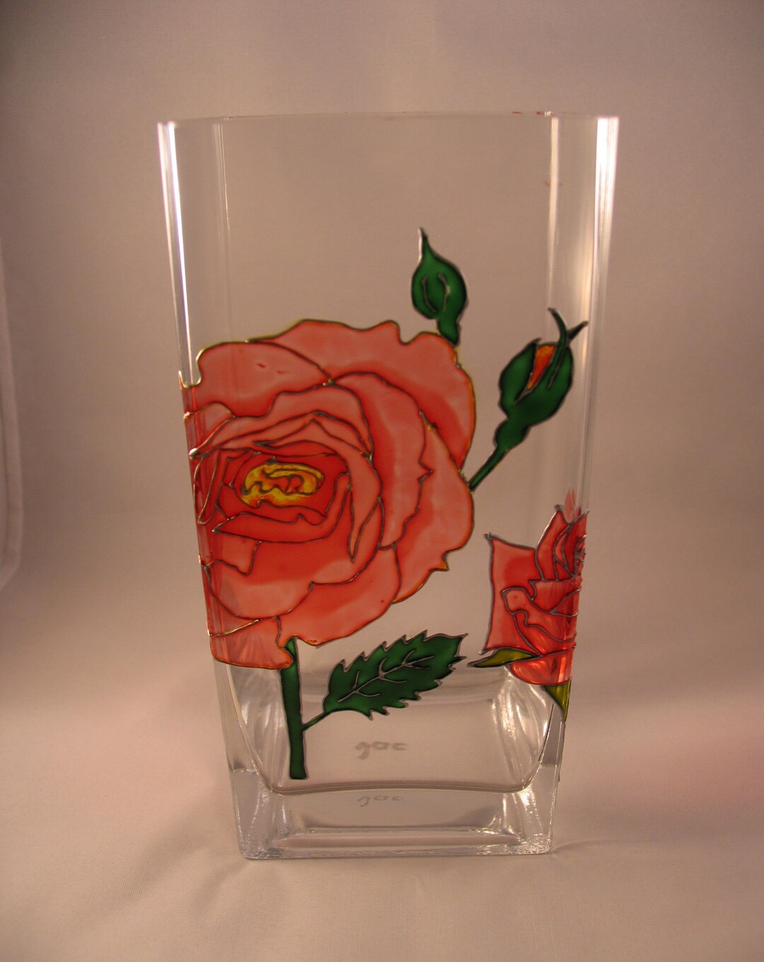 Tall Handpainted Pink Rose Glass Vase Etsy