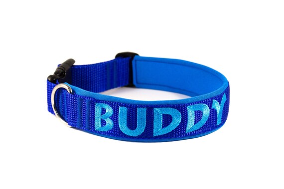 Hundehalsband bestickt mit Name und Telefonnummer, blaues Halsband mit  Neoprenpolster, trkis mit dunkelblau kombiniert - Etsy.de