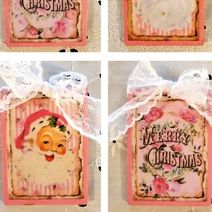 Ho Ho Ho, Merry Christmas! Pick a Pair of Pink Shabby Chic Ornaments - Vintage Images  Decoupaged on Wood Keepsake Gift Better Than a Card!
