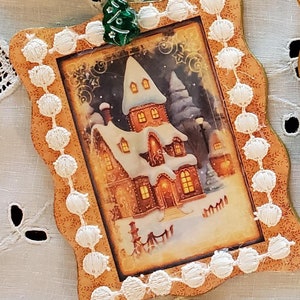 Set of 3 - Charming Gingerbread Houses Handmade Decoupaged Wood Christmas Ornaments Ready to Display Each One of A Kind Great Gift Keepsake