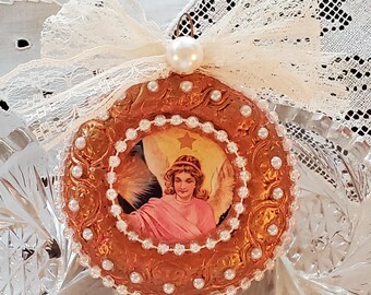 Heavenly Angel/Handmade Bauble/Decoupaged Vintage Victorian Image/Shabby Chic/Lace Bow/Pearl Embellishments/Unique Keepsake Gift/Guardian