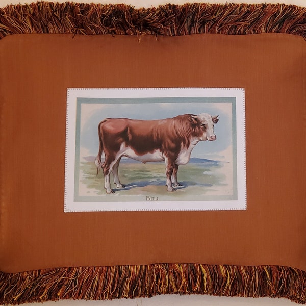 Pillow Cover Vintage Bull Applique Home Decor Rich Brown Cotton Fabric Thick Fringe Envelope Back Lumbar Pillow 16 x 12 Inches OOAK Handsome