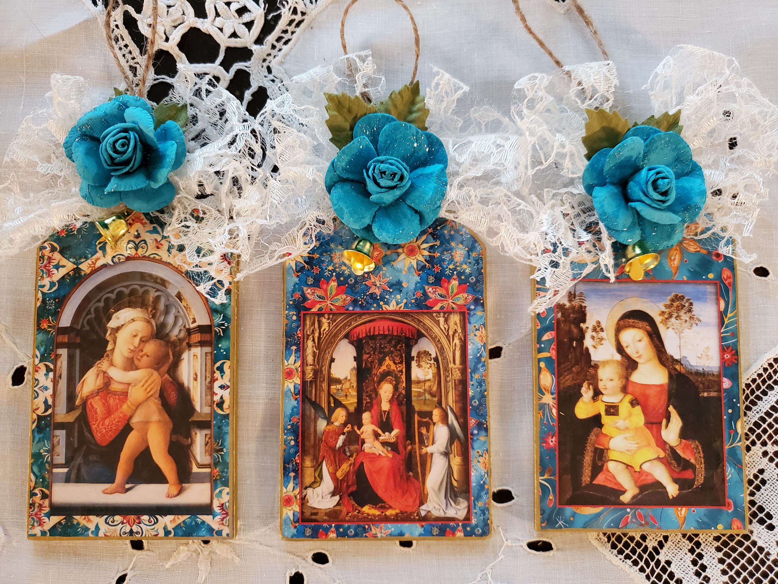 Choose from 3 Blessed Virgin and Child Museum Renaissance Images/Decoupaged on Wood Handcrafted w/Beautiful Blue & Gold Accents Each OOAK