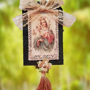 Maria en Jezus/inspirerende kwast/christelijk cadeau/autobedel met kwastje/Psalm 94/standvastige liefde/Vintage heilige gebedskaart/Bijbelschrift/OOAK
