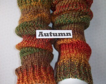 Multi-coloured, chunky knit leg warmers. AUTUMN, AMETHYST (purple), ACER (reds), Heather (purples and greys), greens, brown