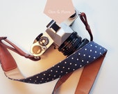 SALE - Camera Strap / Polka Dots Collection / Leather Detailed / Midnight Blue