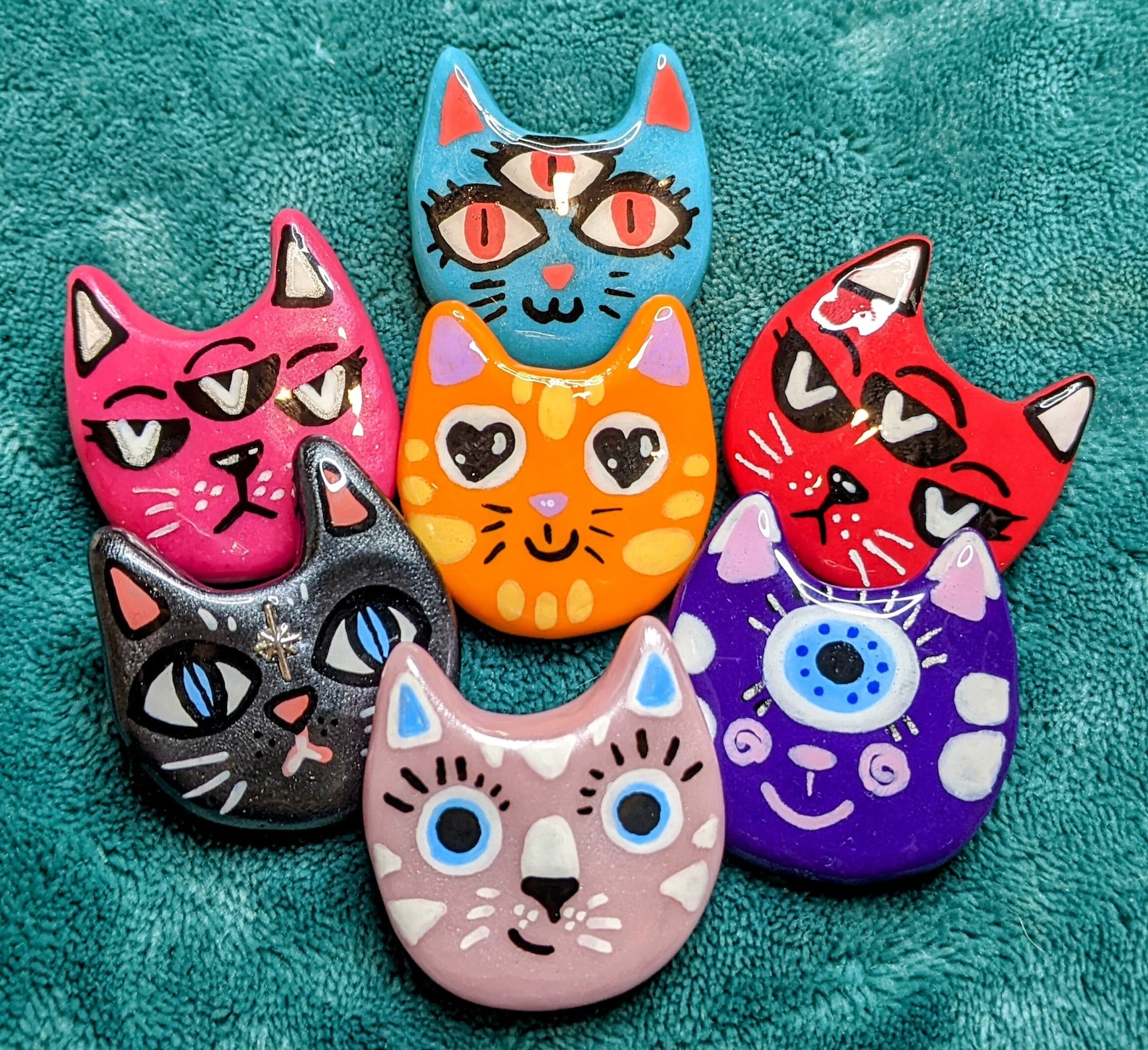 Adorable Clay Pins, Cat Pins, Handmade Pins, Cute Pins, Ooak Pins
