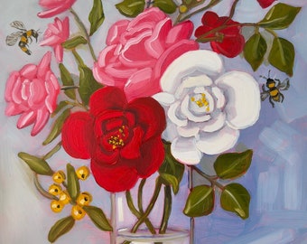 Vintage Pink Roses Oil Painting: Mid-Century Floral Still Life