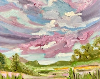 Landscape Oil Painting Original Wall Art Sky Painting Scenic Countryside scenery Skyscape Golden Hour Pink Skies hardboard Panel 8x10