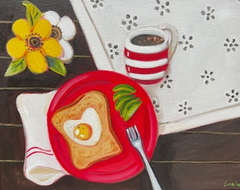 Original Oil Painting: Hearty Breakfast Still Life, 8x10 Canvas