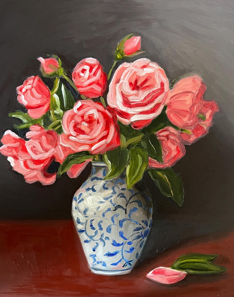 Original Oil Painting: Pink Roses in Vase, Floral Still Life Art (8x10 ...