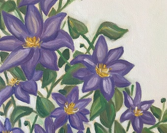 Clematis Painting, Original Oil Painting, Still Life Painting, Floral Painting, rustic,Purple flowers, purple stars, Stretched Canvas