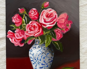 花瓶に入ったバラの花束の油絵：静物画の花のアートワーク - Etsy 日本