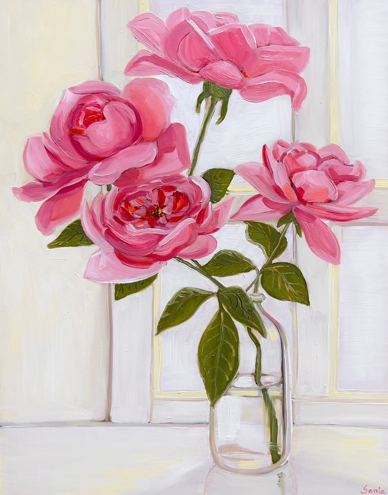 Floral Oil Painting Pink Roses Still Life Original Art Wall Decor Wall ...