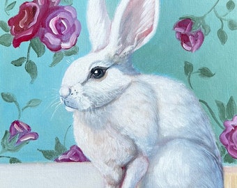Pintura al óleo original de un conejo, naturaleza muerta floral (lienzo de 8 x 10 pulgadas)