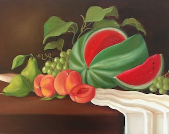 静物画 フルーツバスケット 油絵 キャンバスに描かれたオリジナルの