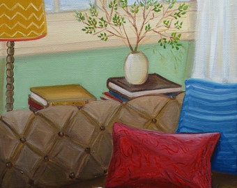 Original Oil Painting, Oil, Still Life Painting, Home Interior Painting, Book, Reader, Window View, Wall Art, Sofa , 9x12 Stretched Canvas