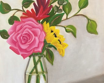 Still Life Original Oil painting,Pink Flowers Painting, pink rose,Mothers Day Gift, Small painting,  Sunflower, vase of flowers,
