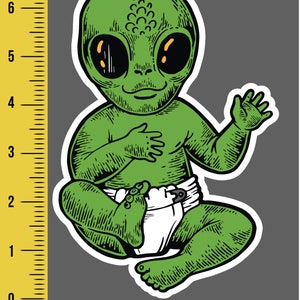 Alien Baby in Diapers Laminated Sticker/Decal (water/scratch proof)