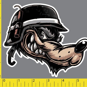 wolf Cartoon head w helmet Laminated Sticker/Decal (water/scratch proof)