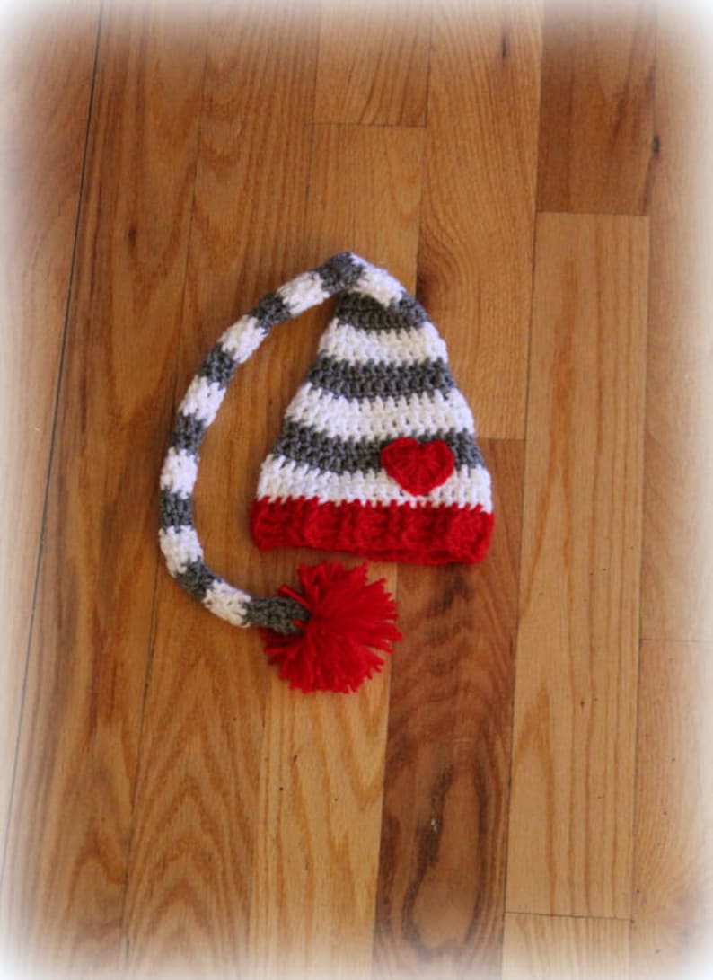 Striped Hat Winter Hat Crochet Hat Valentines Day Hat Phono Prop Elf Hat Puffy Ball Hat Heart Hat with Long Tail Baby Hat