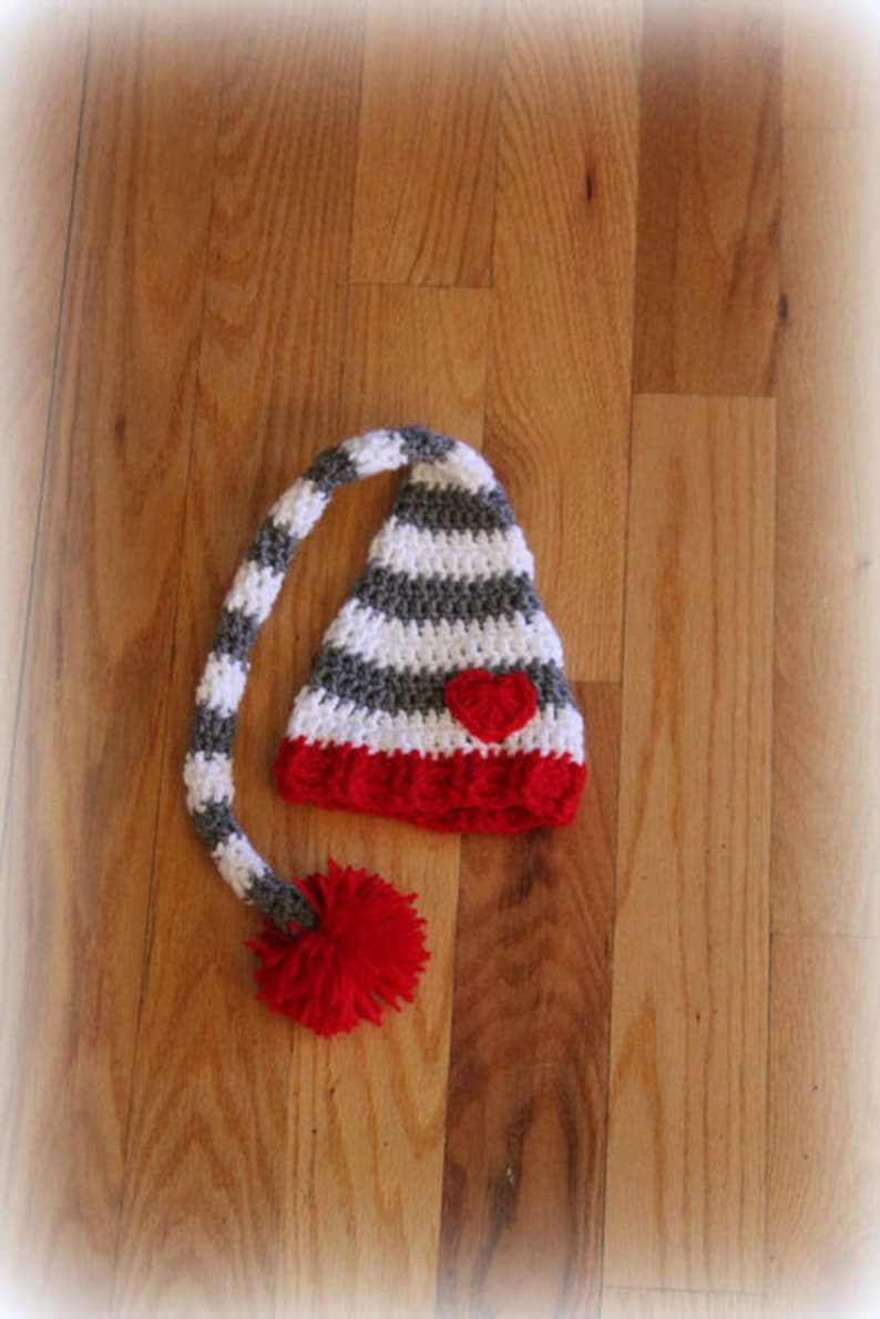 Striped Hat Winter Hat Crochet Hat Valentines Day Hat Phono Prop Elf Hat Puffy Ball Hat Heart Hat with Long Tail Baby Hat