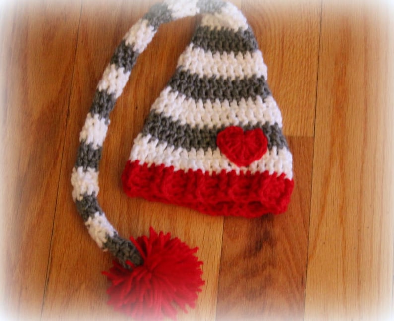 Striped Hat Winter Hat Crochet Hat Valentines Day Hat Phono Prop Elf Hat Puffy Ball Hat Heart Hat with Long Tail Baby Hat