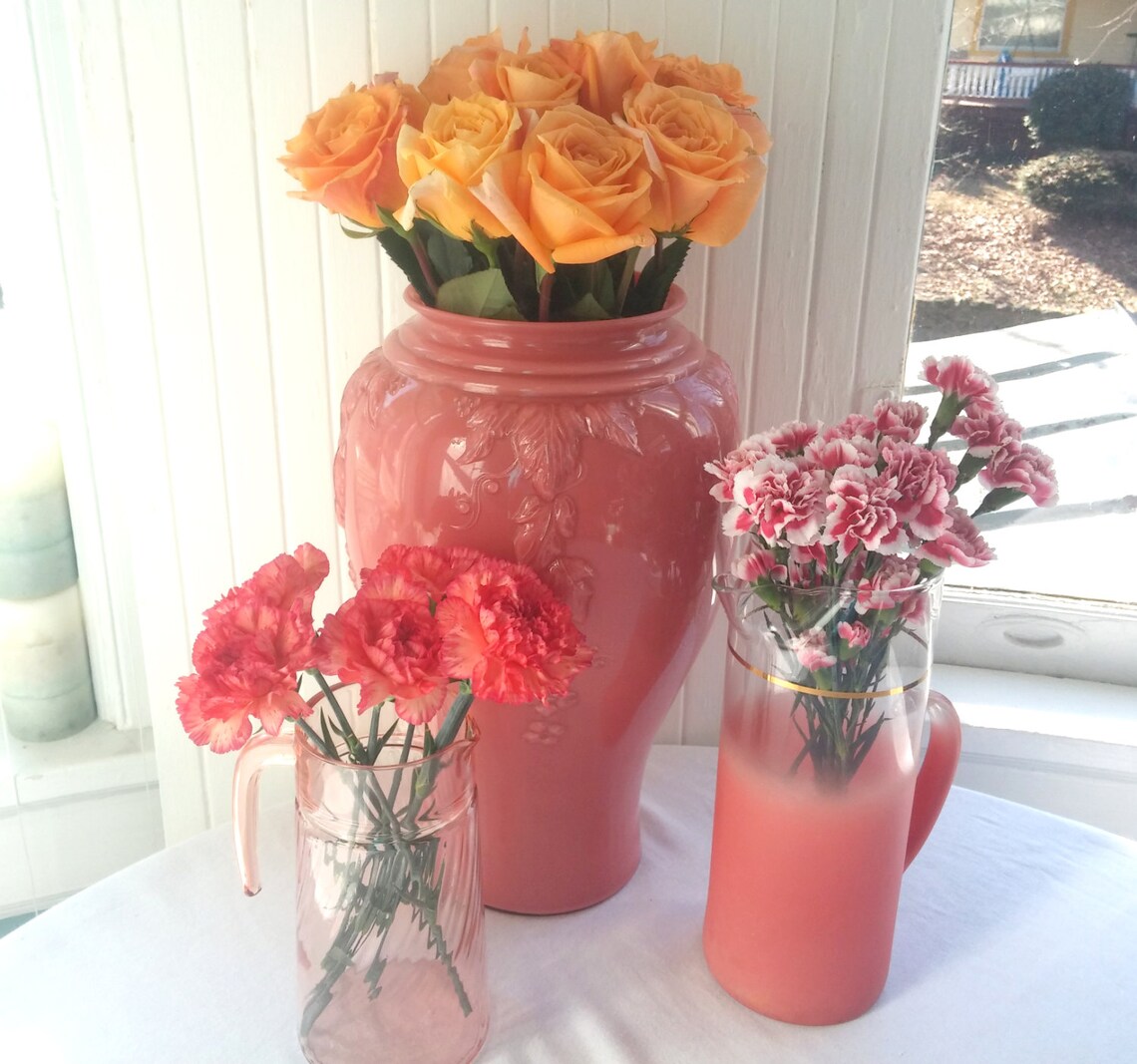 Hollywood Regency Coral Floor Vase with Applied Floral Design | Etsy