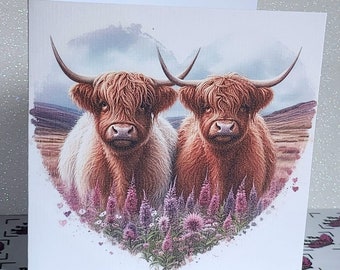 Highland Cow Couple Card Highland Coo With Heart Wedding Anniversary Valentines Day Civil Partnership Handmade Linen Effect Free Delivery