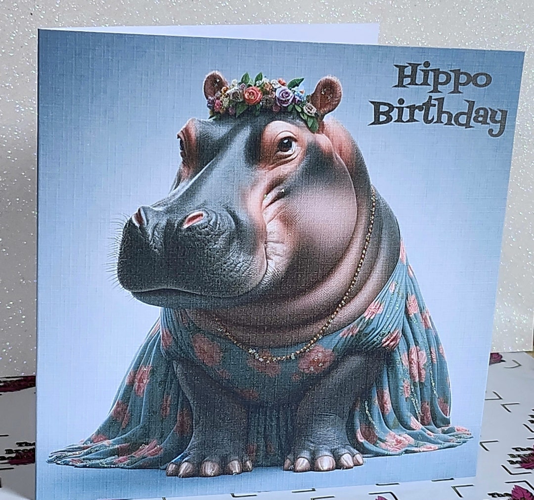 Hippo Birthday Card Hippopotamus Wearing Floral Tiara and Dress Happy