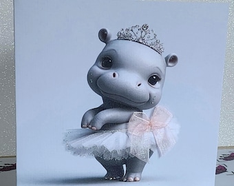 Hippo Birthday Card Hippopotamus With Tiara And Tutu Swarovski Crystal Organza Bow Glitter Handmade Linen Effect Card Square Free Delivery