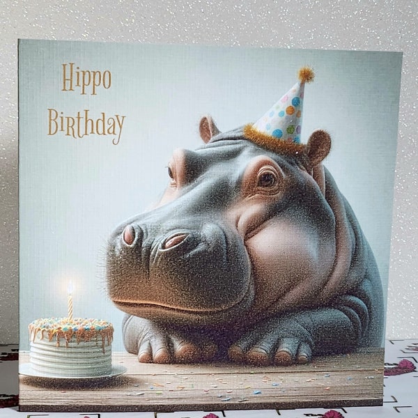 Hippo Birthday Card Hippopotamus Wearing Birthday Hat With Birthday Cake Happy Birthday Handmade Linen Effect Card Square Free Delivery