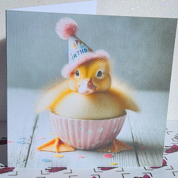 Duckling Birthday Card Duckling Wearing Birthday Hat With Birthday Cake Happy Birthday Handmade Linen Effect Card Square Free Delivery