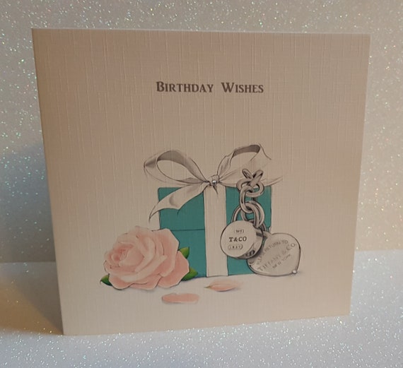 Birthday Wishes Card Watercolour Tiffany Gift Box and Flower Genuine Flat Backed Swarovski Crystal Happy Birthday Wishes Free Delivery Etsy UK
