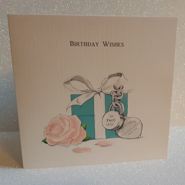 Birthday Wishes Card Watercolour Tiffany Gift Box And Flower Genuine Flat Backed Swarovski Crystal Happy Birthday Wishes Free Delivery