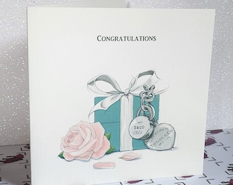 Carte de félicitations, aquarelle, boîte cadeau Tiffany et fleurs, véritables cristaux Swarovski à dos plat, mariage, examens, livraison gratuite