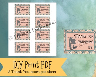 Vintage Mermaid Under Water Birthday Party Thank You Notes, Instant Digital Download