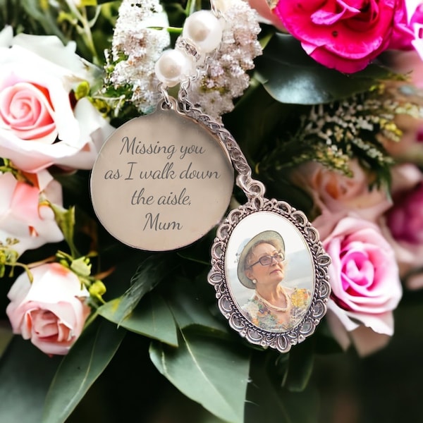 Wedding Bouquet Photo Memory Charm - Bridal Pendant Memorial Remembrance Jewellery Family -Missing You As I Walk Down the Aisle