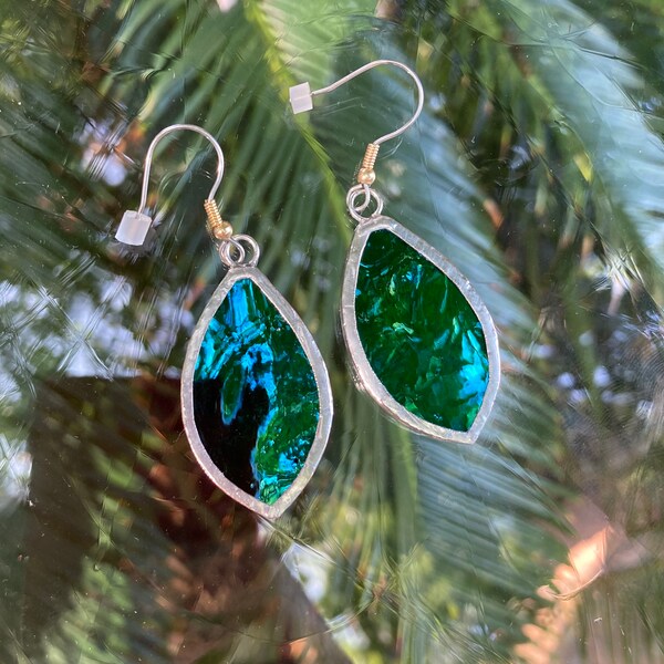 Emerald Green Iridescent Stained Glass Earrings