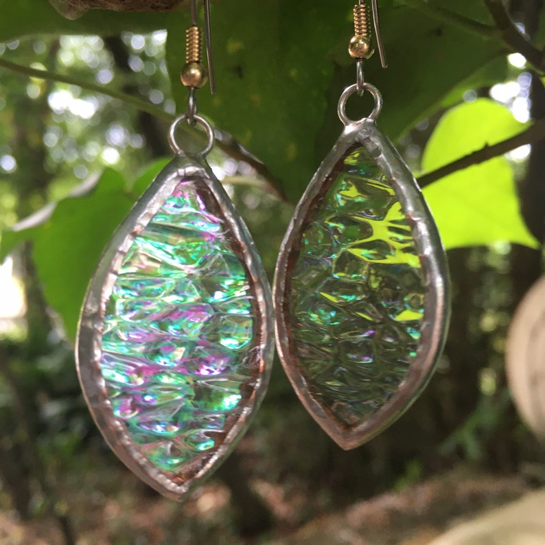 Iridescent Oval Stained Glass Earrings Etsy
