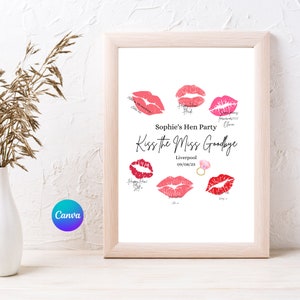 CANVA Kiss the Miss Goodbye, Hen Party Printable A4 Bridal Shower Gästebuch, Andenken Gold