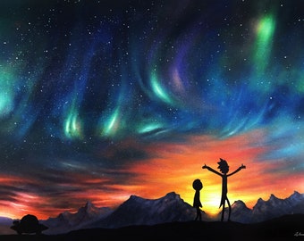 Northern Lights, Sci- Fi, Comedy, Character, Space, Science, Sunset Painting Art Print A3