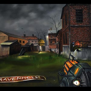 Puede incluir: Una pintura oscura y melancólica de una escena callejera con un coche antiguo en primer plano. El coche es negro con un interior naranja incandescente. La calle está bordeada de edificios de ladrillo y hay un cartel que dice "RAVENHOLM".