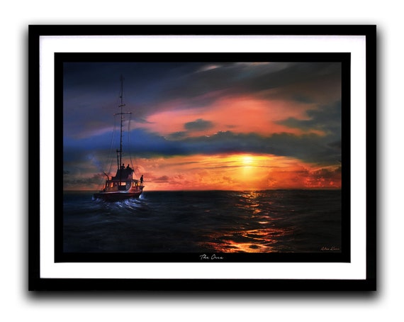 題名夕焼けの海、作者 Kim 、版画Ｎｏ．8/100です。 オルカ - ジョーズ、映画アートの絵画版画、夕焼けの海景シーン - Etsy