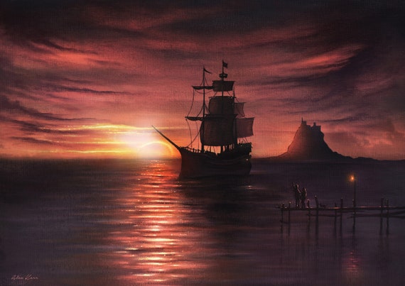 Sunset Ship Art Print: Holy Island Seascape, Nautical Home Decor