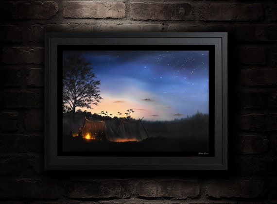 Camp Fire, Red Dead, Wild West, Starry Night Painting Scene, Art