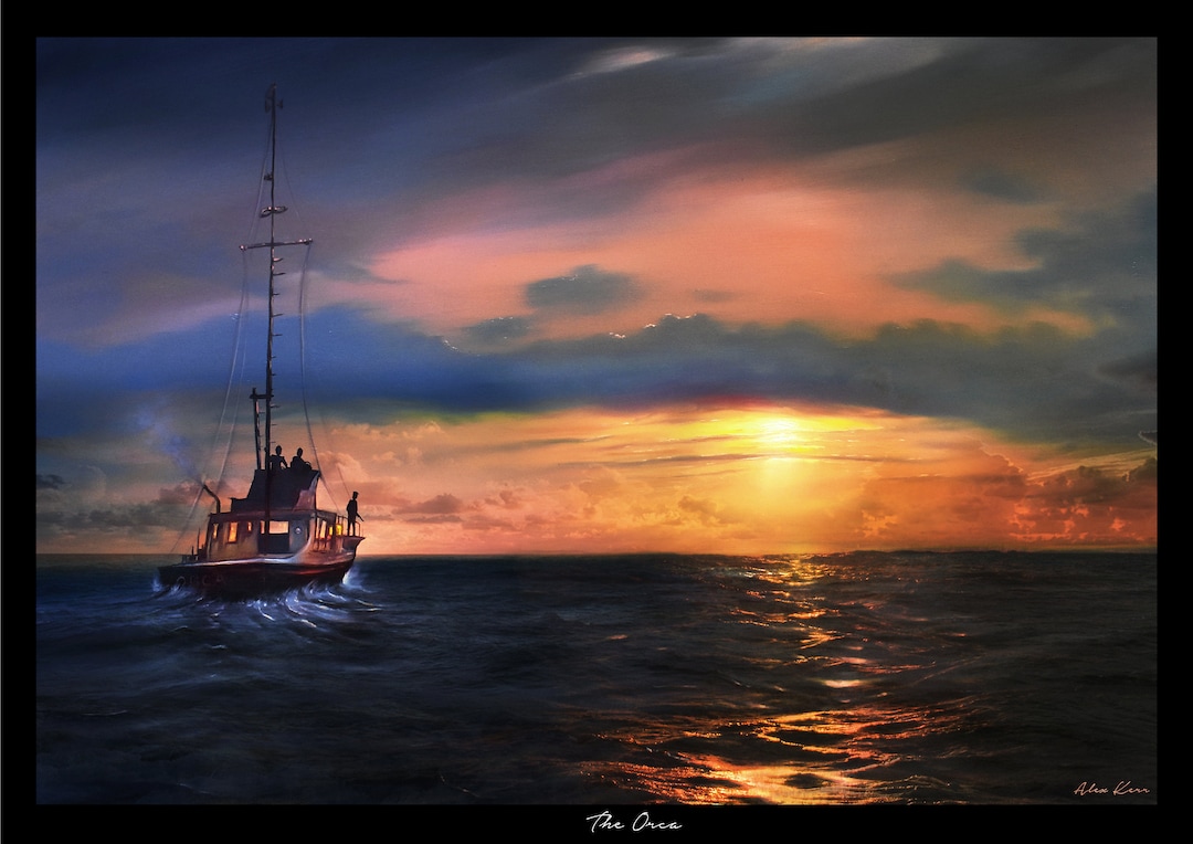 オルカ - ジョーズ、映画アートの絵画版画、夕焼けの海景シーン - Etsy